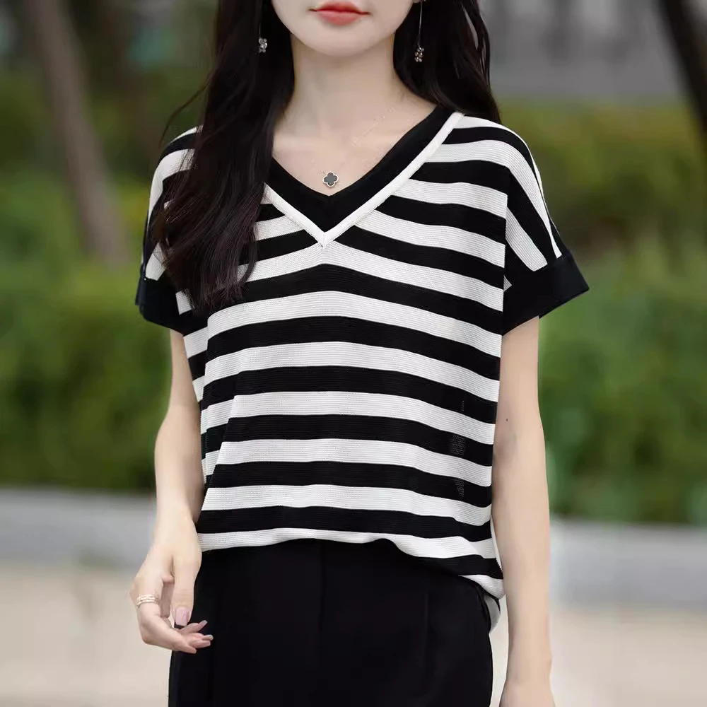 莱赛尔天丝假两件v领短袖女夏薄款飞机袖百搭条纹撞色针织上衣显