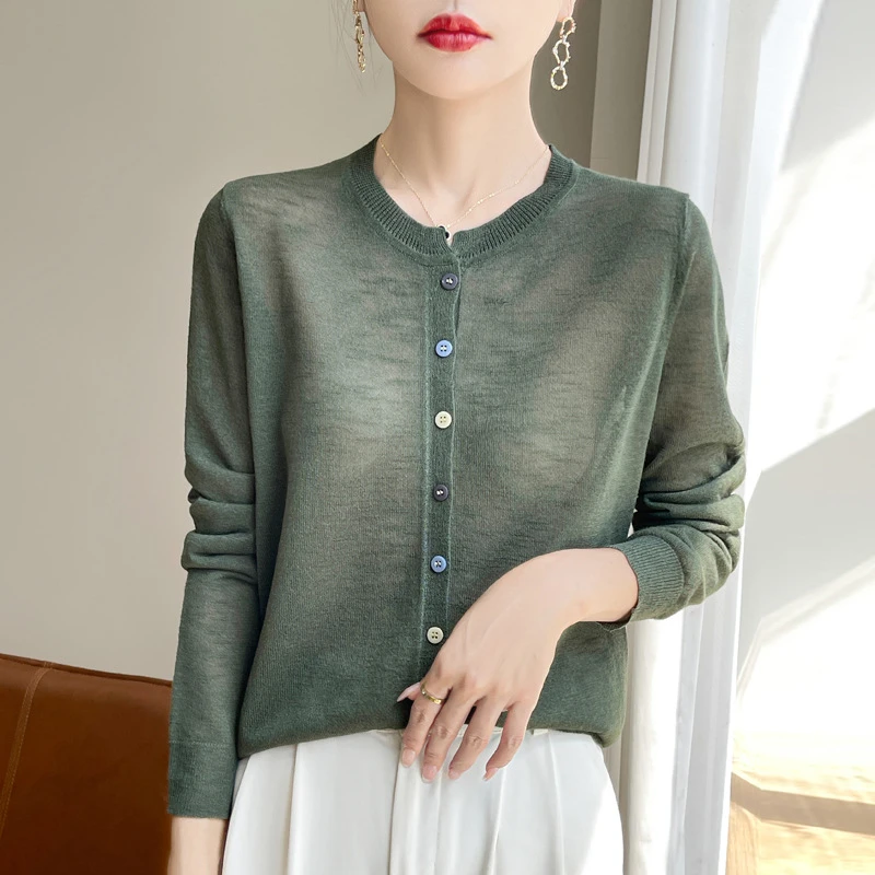 夏季竹节麻圆领针织开衫女薄宽松防晒外套短款长袖空调衫外搭批发