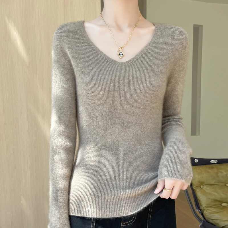 2024秋季新款女士针织衫毛衣女低领V领打底衫女修身鸡心领上衣秋
