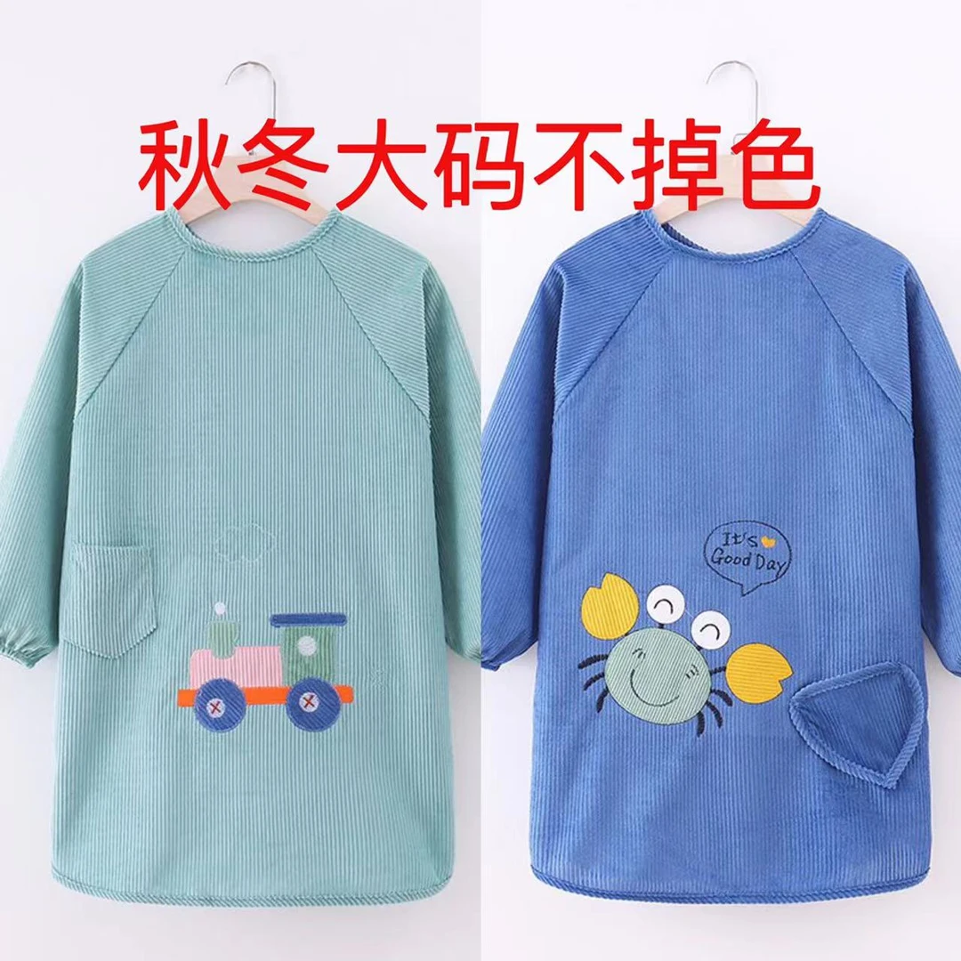 加大款儿童罩衫冬季吃饭防水防脏围裙宝宝长袖反穿衣大童画画衣厚