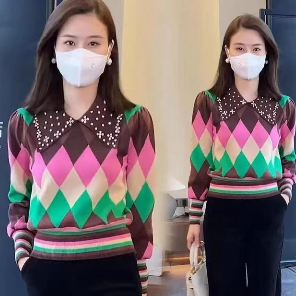 冬季新款设计感洋气爆款毛衣女时尚遮肚子针织衫上衣菱格小衫088