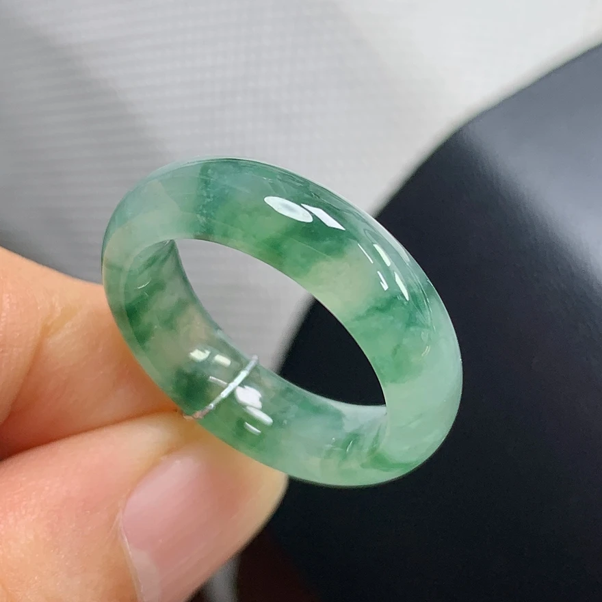 天然翡翠A货冰飘花戒指15号戒圈内径17.5mm冰种透亮清新满圈花