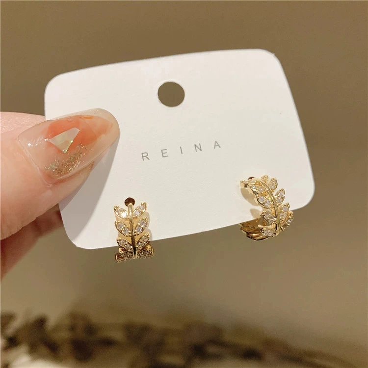 铜合金耳饰 AL3900 金色高级感微镶叶子耳环女春夏耳圈网红气质