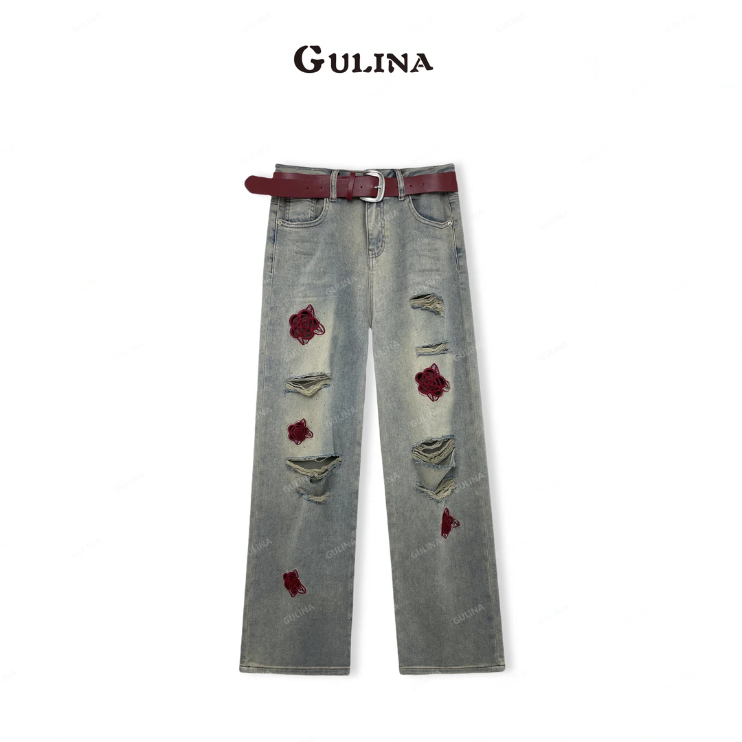 【玫瑰梦境】娜姐新款欧货刺绣国风个性百搭直筒阔腿牛仔裤 A217217