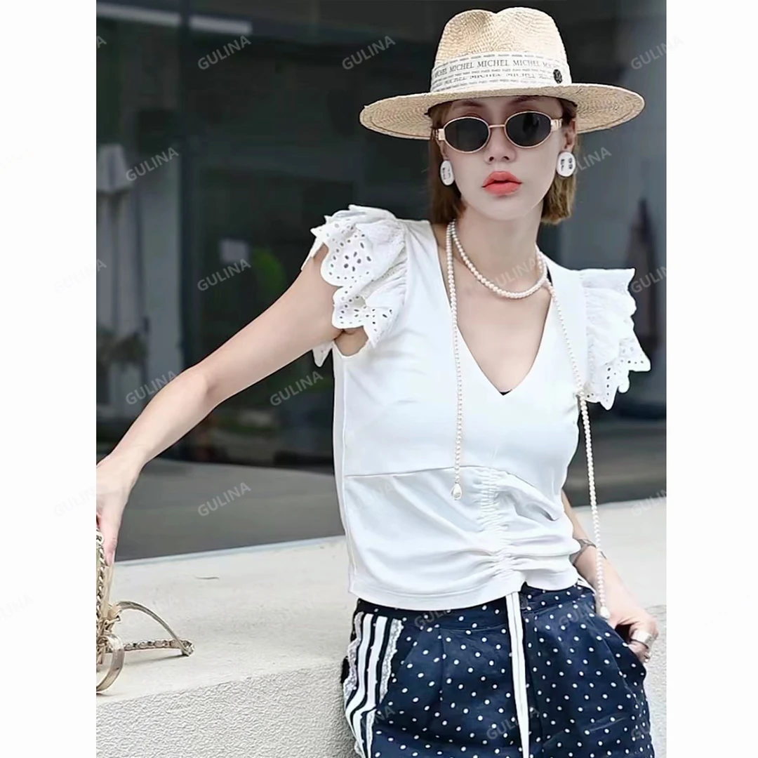 【月光手礼】娜姐新款夏季蕾丝小飞袖大V领抽绳压皱显瘦T恤 A8226