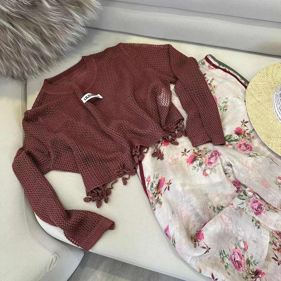 【椿野自然】娜姐新款镂空流苏针织短款罩衫长袖内搭慵懒衬衫 34006