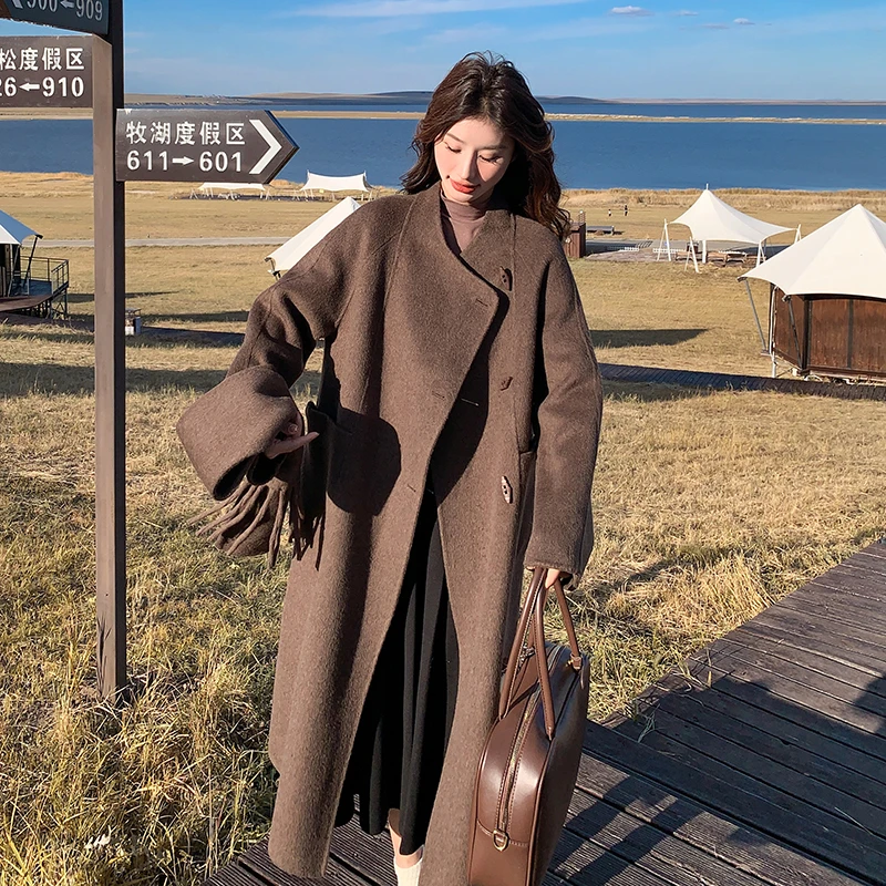 咖色超好看双面羊毛大衣中长款女冬2025年韩系氛围感围巾呢子外套