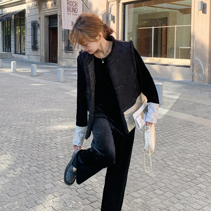 新中式国风套装女2025年秋冬新款夹棉马甲丝绒打底直筒长裤三件套