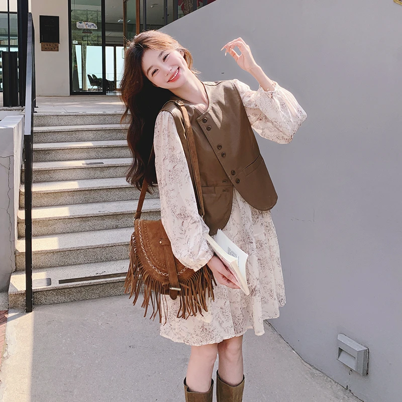 法式复古皮衣马甲碎花连衣裙套装女2025年春秋新款时尚气质两件套