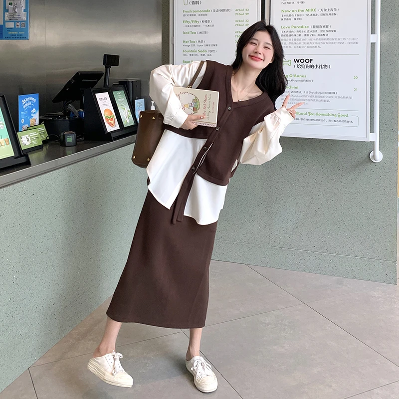 休闲氛围感套装女2025年春秋新款假两件拼接衬衫上衣半身裙两件套