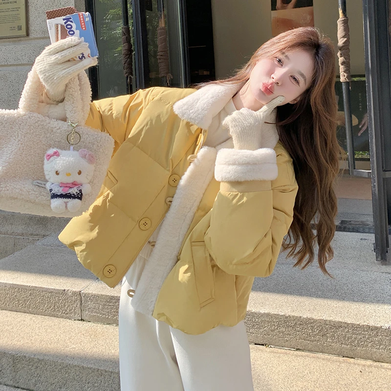 奶fufu黄色短款羽绒服女2025冬季新款小个子水貂毛拼接白鸭绒外套
