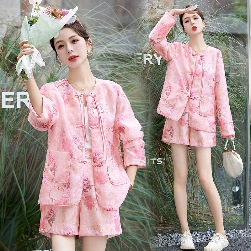新中式国风印花套装女2024年夏季新款时尚休闲洋气减龄短裤两件套
