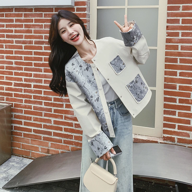 新中式国风印花拼接皮衣外套女2025春秋新款时尚休闲气质夹克上衣