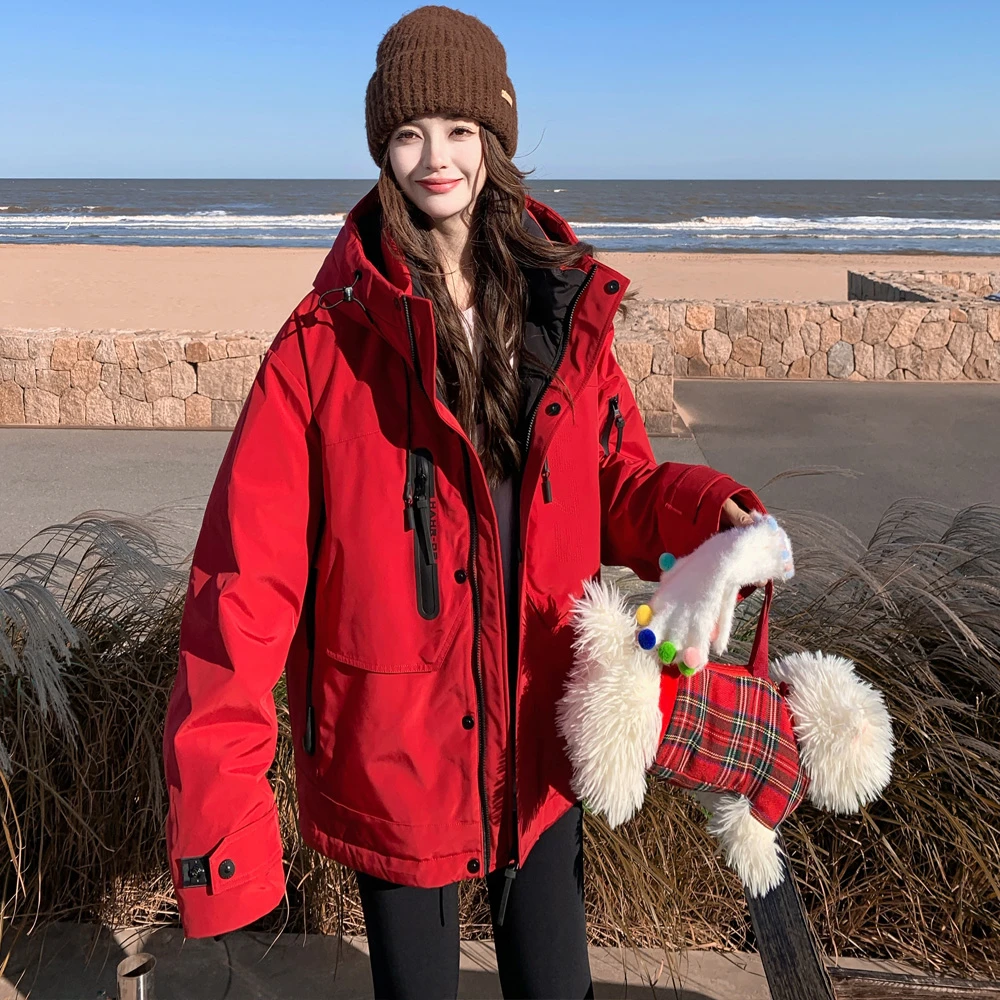 红色工装派克羽绒服女2024年冬季新款加厚90白鸭绒连帽冲锋衣外套