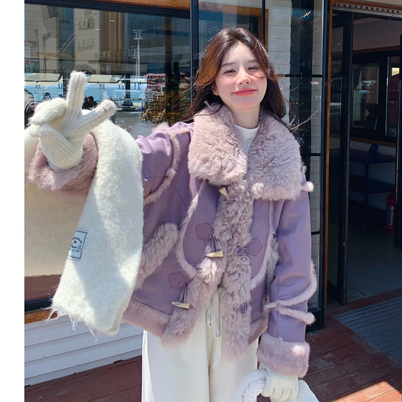 紫色高级感皮毛一体外套女短款2025冬季新款加绒加厚环保皮草大衣