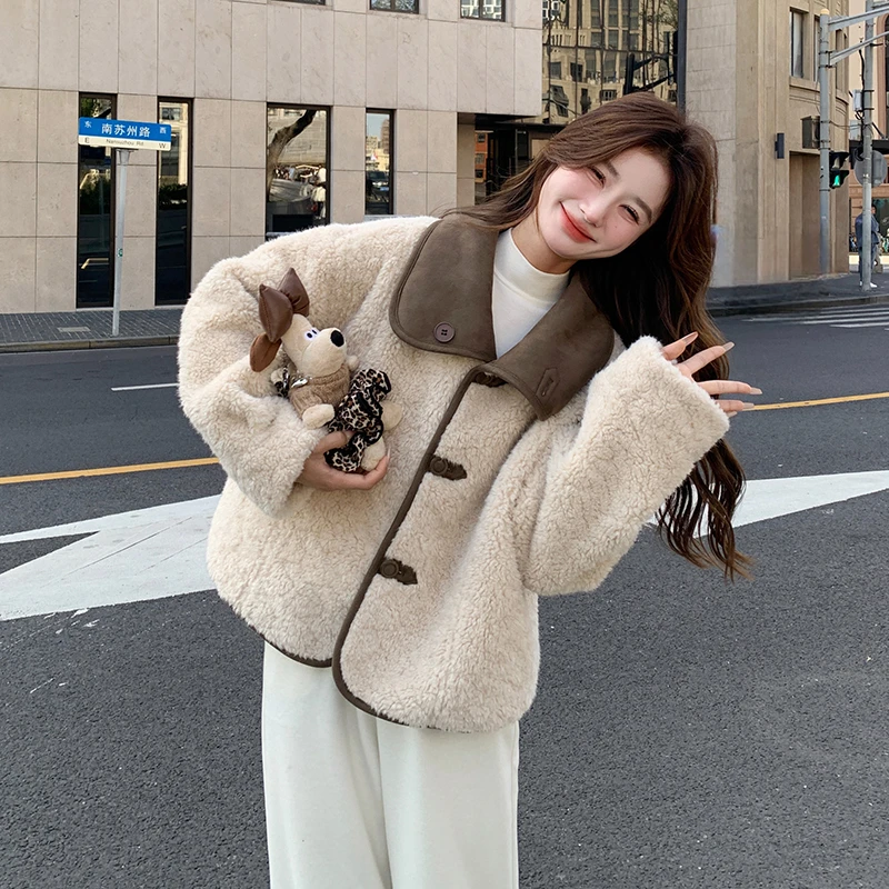 韩系复古两面穿羊羔毛皮毛一体短外套女冬季新款超好看麂皮绒上衣