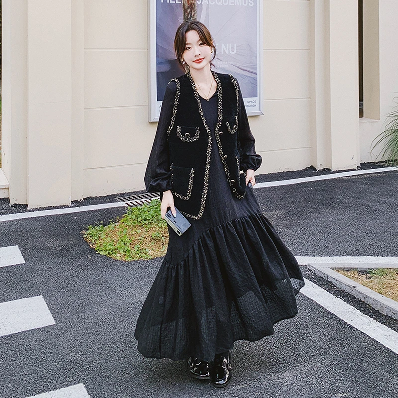 小香风水貂毛马甲连衣裙套装女2024秋季新款休闲气质显瘦两件套裙