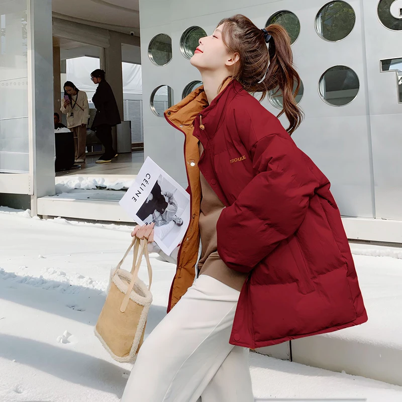 红色立领羽绒服女冬季2025新款韩系小个子宽松休闲90白鸭绒面包服