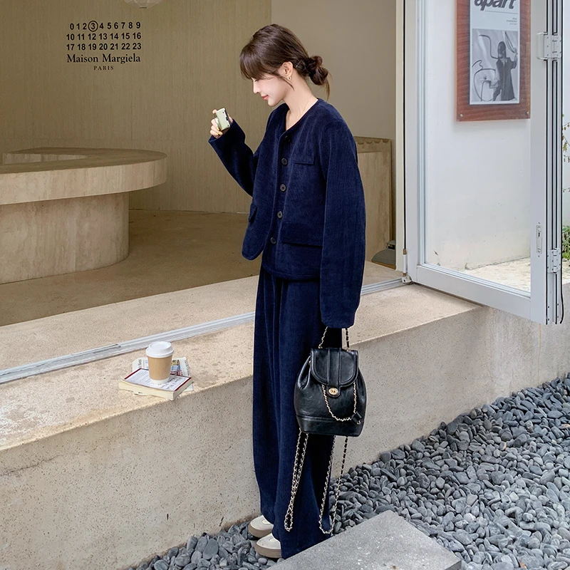 藏青色小香风灯芯绒套装女2025春秋新款韩系休闲气质阔腿裤两件套