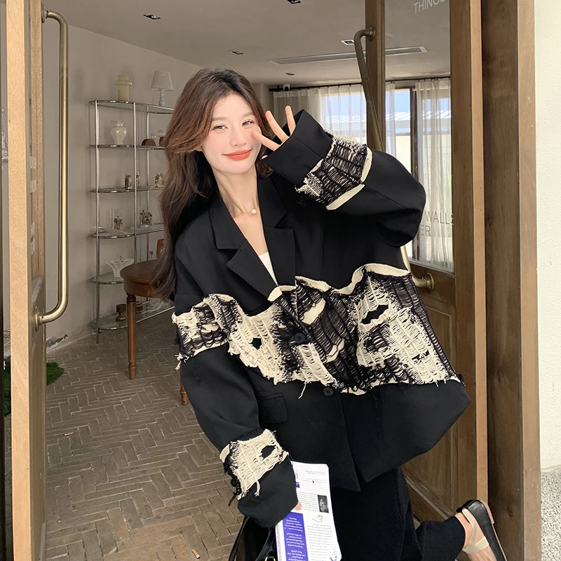 设计感黑色拼接西装外套女2025春秋新款休闲宽松气质高端西服上衣