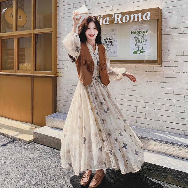 法式茶歇蝴蝶印花连衣裙套装女2025年春秋新款麂皮绒马甲两件套裙