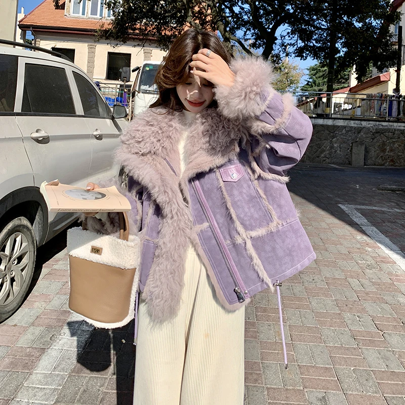 紫色高级感皮毛一体外套女2025冬季新款兔毛内胆毛绒绒派克服上衣
