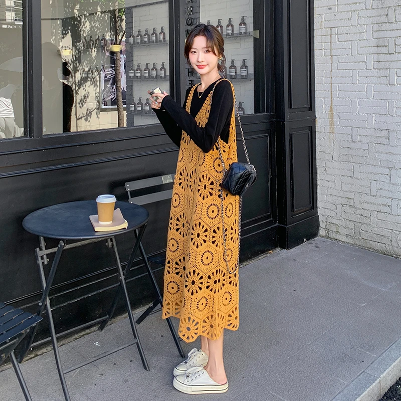 叠穿蕾丝镂空背带裙套装女2025春秋新款休闲宽松罩衫打底裙两件套