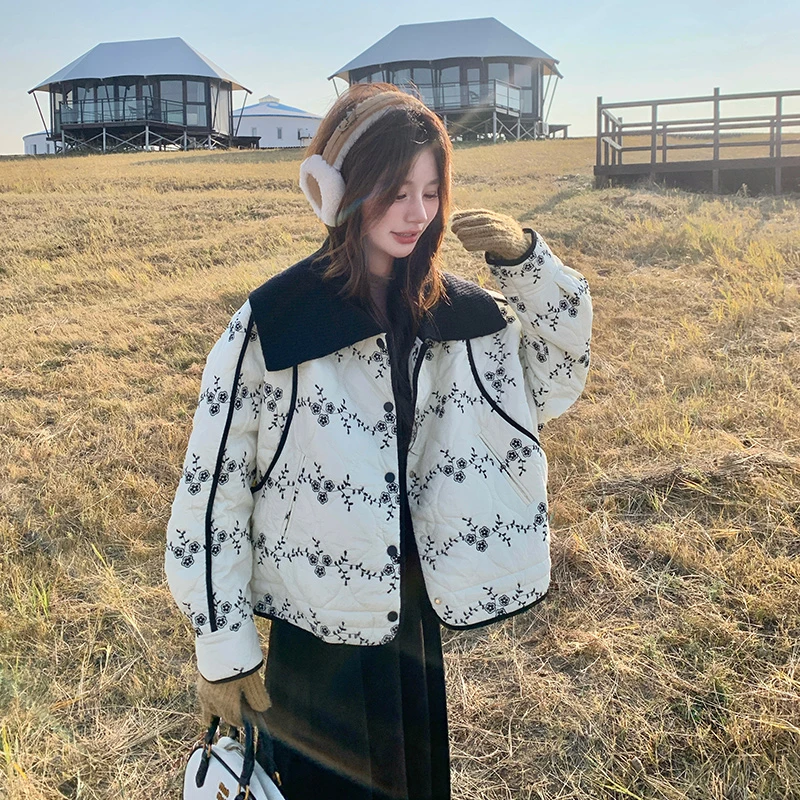 针织娃娃领拼接棉服女短款2025年冬季新款小个子洋气轻薄棉袄外套