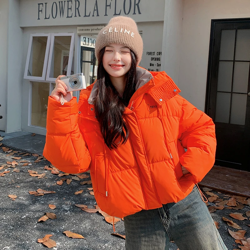 橘色连帽短款棉服女2024年冬季新款小个子时尚面包服棉衣棉袄外套