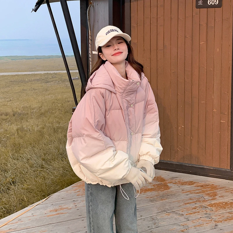 超好看渐变粉色棉服女短款2025冬季新款小个子连帽面包服棉衣外套