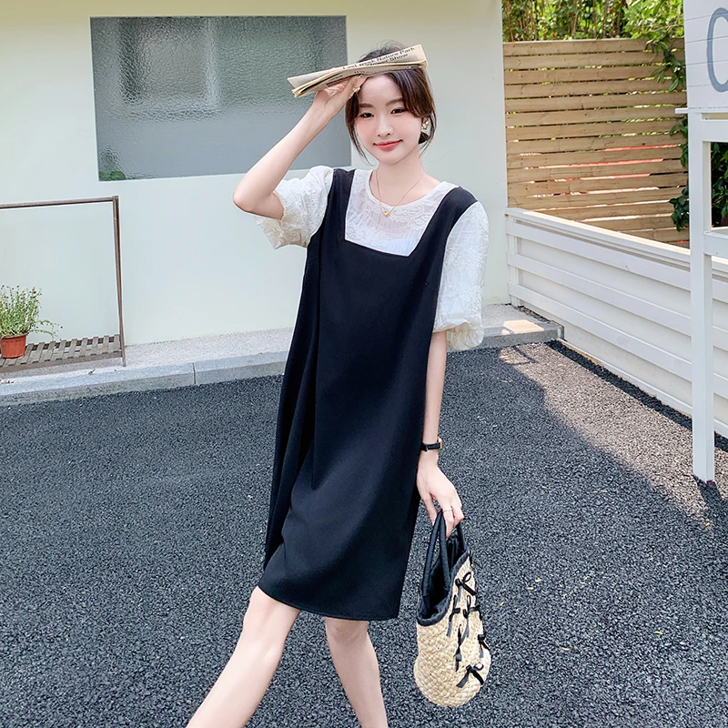 设计感假两件背带连衣裙女2024夏季新款休闲减龄显瘦蕾丝拼接裙子
