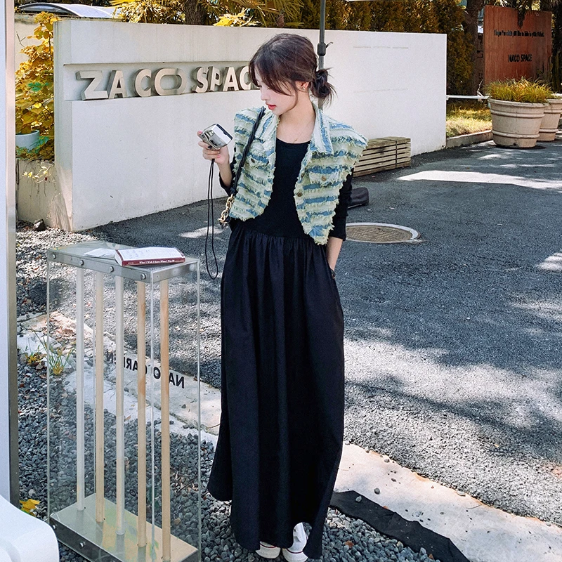 法式条纹马甲连衣裙套装女2025春秋新款洋气时髦显瘦两件套大摆裙