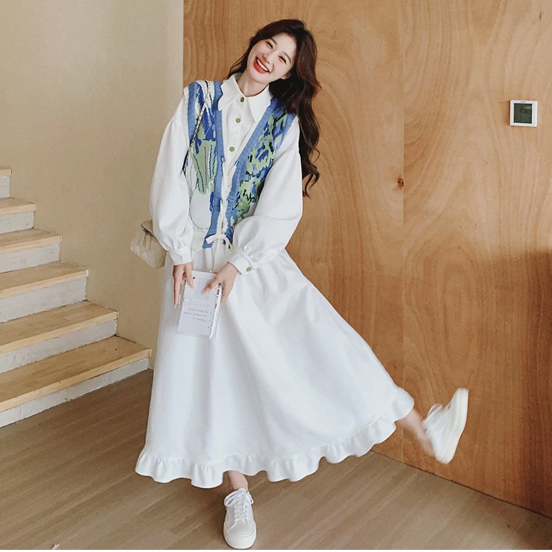 法式温柔风白色连衣裙套装女2025年春秋新款针织马甲两件套衬衫裙