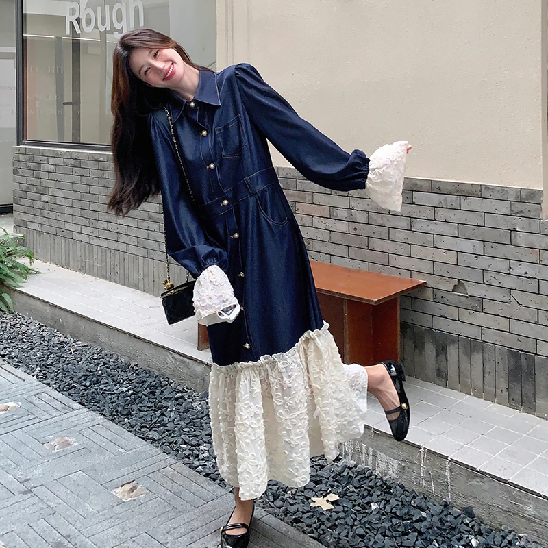 设计感提花拼接牛仔连衣裙女2025年秋季新款复古气质假两件衬衫裙