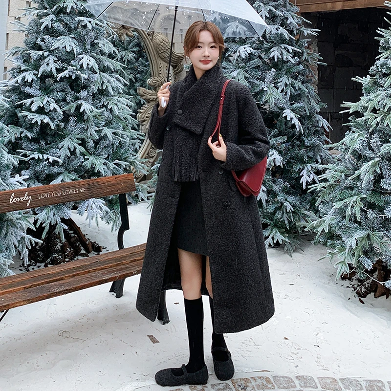 高级感围巾款呢子大衣中长款女冬2024新款赫本风气质夹棉毛呢外套
