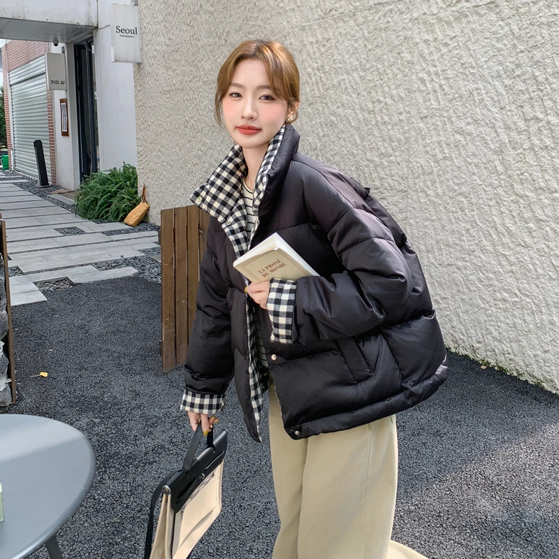 黑色两面穿格纹立领鹅绒服女2024冬季新款小个子加厚90白鹅绒外套