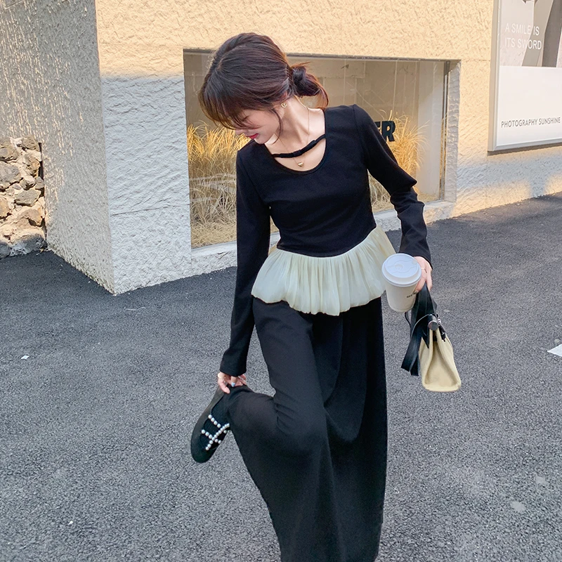 法式赫本风撞色拼接套装裙女2025年春秋新款时尚气质显瘦两件套裙