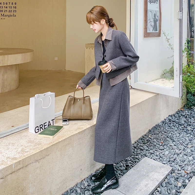 灰色高级感毛呢套装女2024秋冬新款衬衫拼接西服上衣半身裙两件套