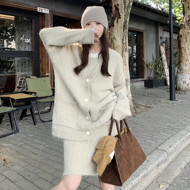 针织毛衣开衫背心裙两件套女秋冬季2025新款韩系慵懒风休闲套装裙