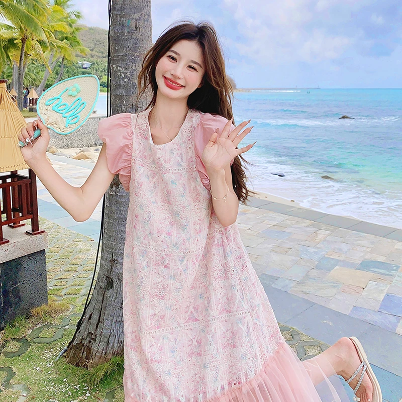 网纱拼接粉色连衣裙女2025夏季新款甜美气质休闲海边度假沙滩裙子