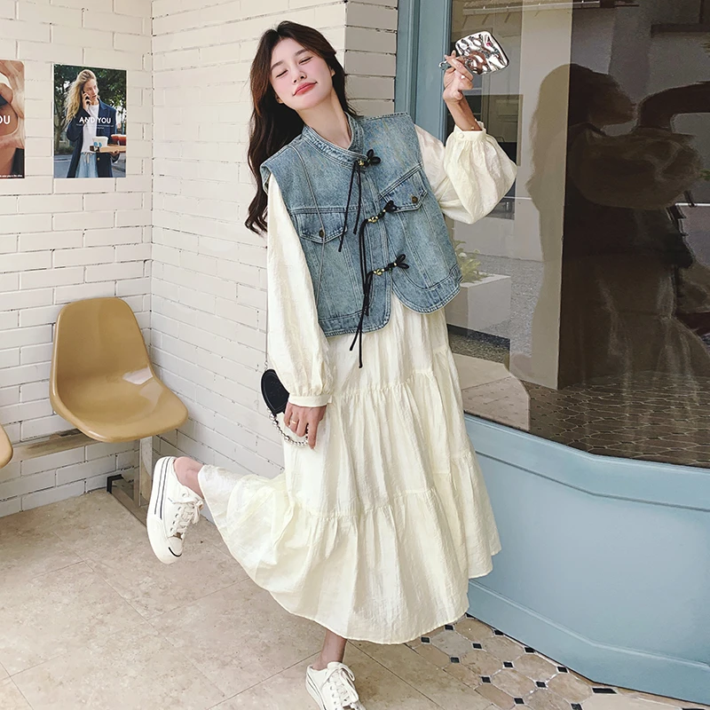 新中式盘扣牛仔马甲连衣裙套装女2025年春秋新款休闲气质两件套裙