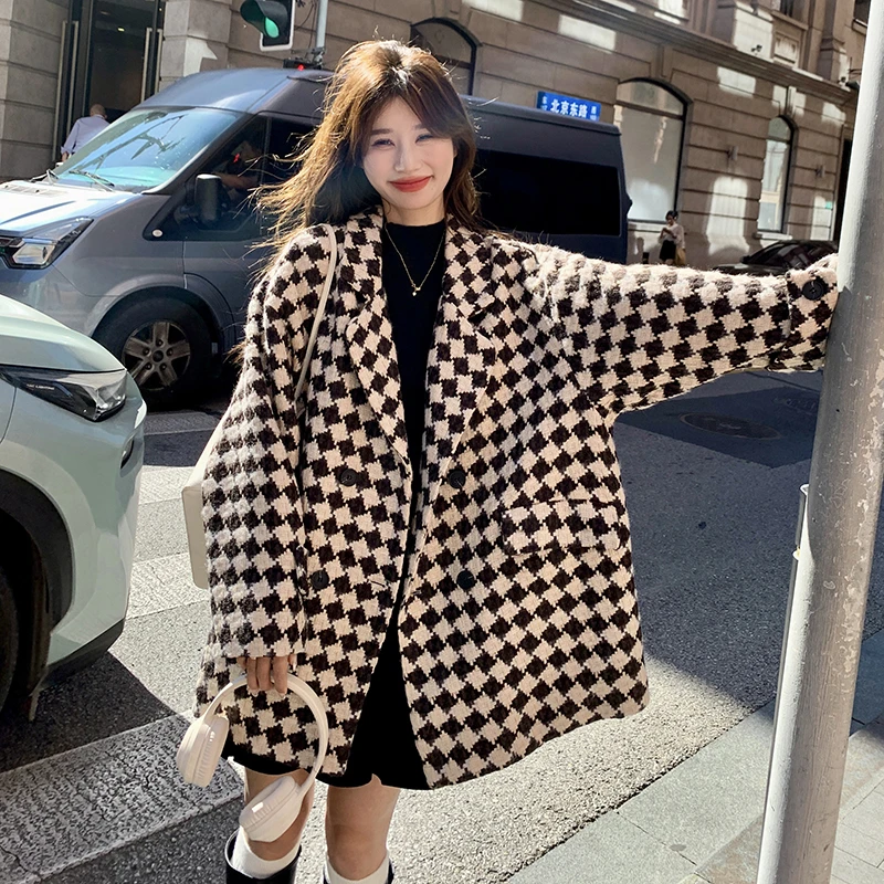 咖色格子毛呢外套女2025秋冬新款小个子休闲宽松百搭中长款呢大衣