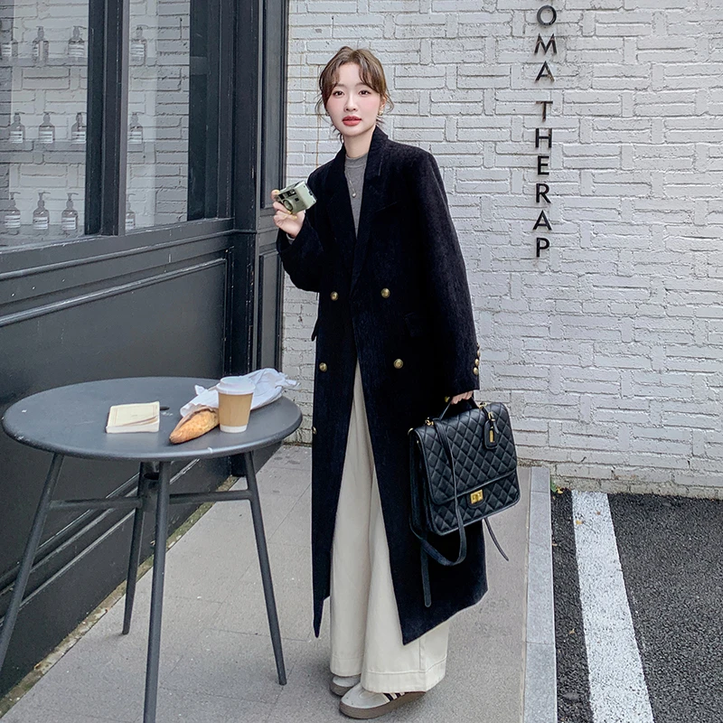 黑色赫本风西装领毛呢大衣女2025冬新款设计感双排扣长款呢子外套