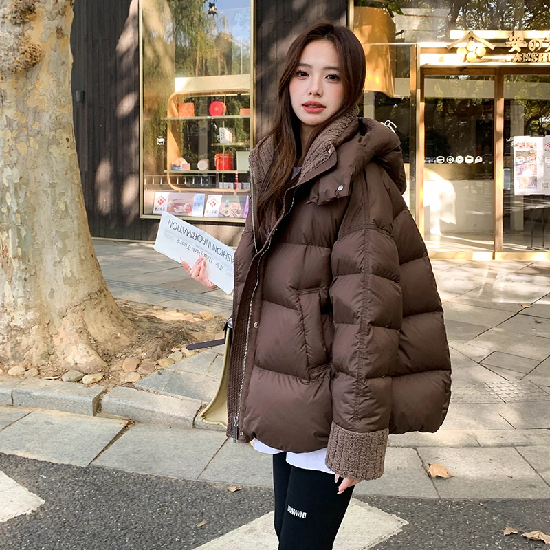 美拉德咖色棉服外套女冬季2025新款韩系设计感宽松羊羔毛拼接棉袄