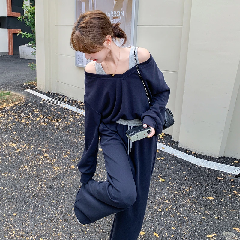 设计感超好看露肩卫衣套装女2025年春秋新款休闲运动阔腿裤两件套