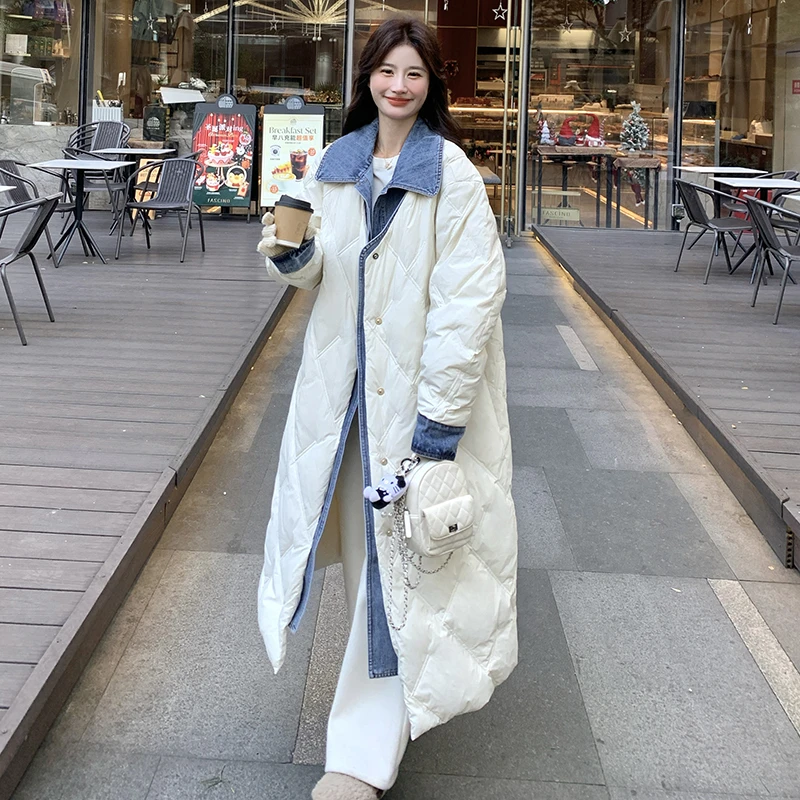 韩版假两件牛仔拼接羽绒服中长款女冬季新款设计感宽松白鸭绒外套