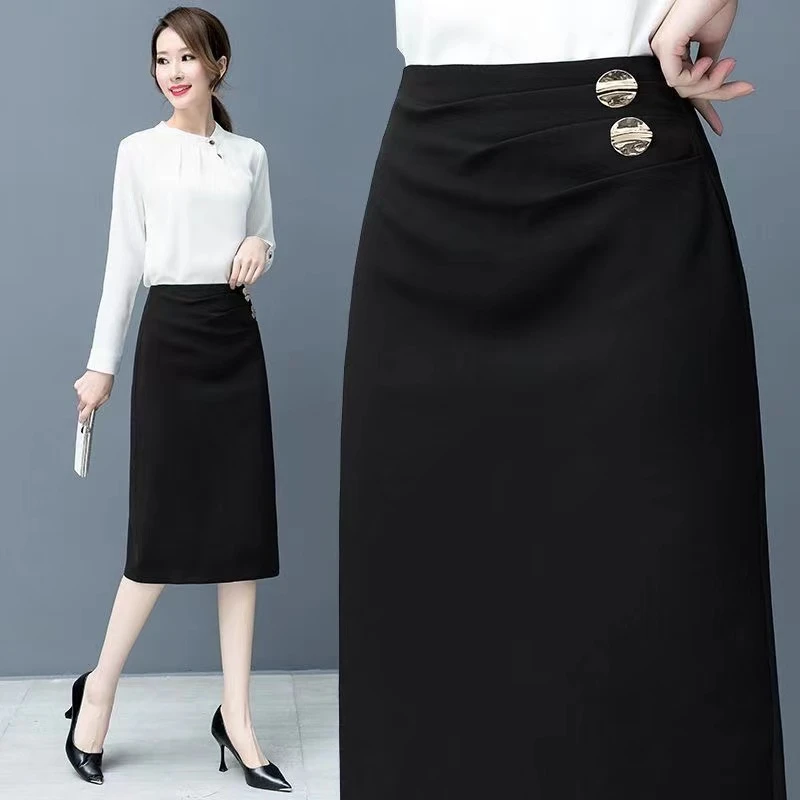 2025黑色半身裙新款中长款春夏季修身气质职业高腰抗皱女包臀裙