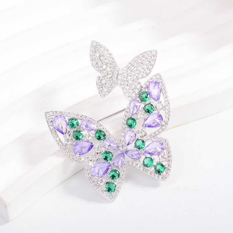 铜合金合成锆石胸针 蝴蝶双飞高级莫奈色油画胸针轻奢百搭配饰