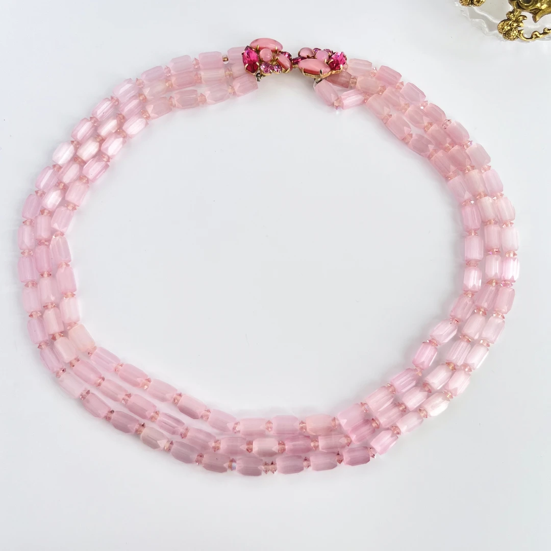 非金属仿水晶项链 法产雾面琉璃粉色项链