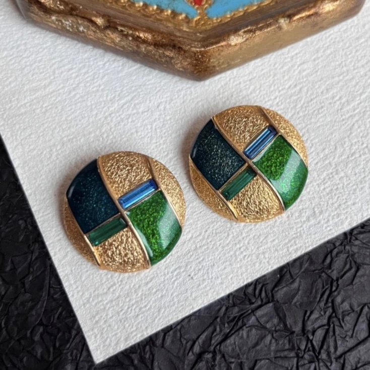 合金珐琅耳饰 法产熔岩绿色珐琅耳夹